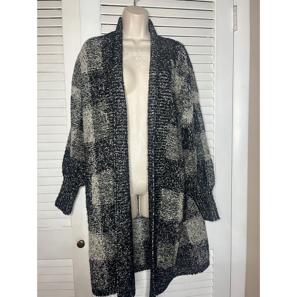 Vtg 80s Side Effects Black and Ivory Checkerboard Open Front  Sweater Coat S